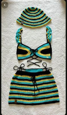 two crocheted swimsuits with matching hats on the top, and bottom