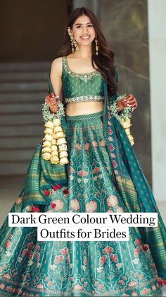 Mehandi Outfits Brides Indian Bridal, Mehendi Outfits For Bride, Dark Green Lehenga, Lehenga Ideas, Mehendi Dress, Fashion Factory, Mehendi Outfits, Indian Outfits Lehenga, Indian Bride Outfits