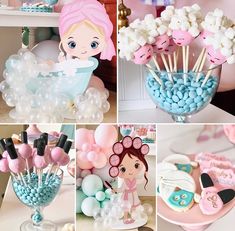 a collage of photos with balloons, cake and decorations