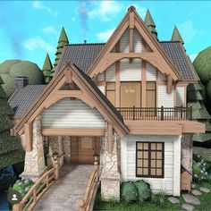 this is an artist's rendering of a house in the woods with stone and wood accents