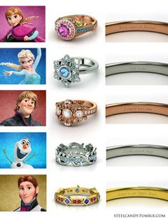 several different disney princess rings and their names