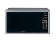 a silver samsung microwave oven on a white background