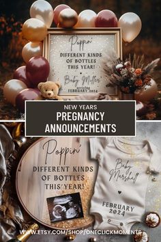 baby announcement with balloons, teddy bear and other items for new year's eve