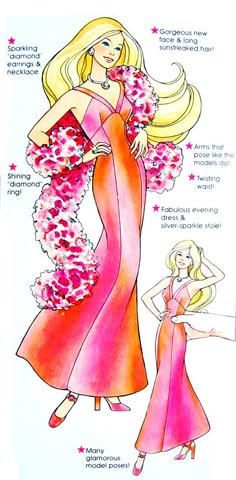 a drawing of a woman in a pink dress with flowers on her head and the words barbie