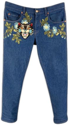 Gucci Jeans, Embroidery Denim, Cat Patch, Angry Cat, Patch Design, Straight Jeans, Blue Denim, Multi Color, Gucci