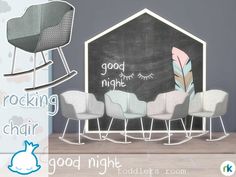 a room with chairs and a chalkboard on the wall that says rocking chair good night