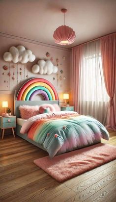 a bedroom decorated in pink, green and blue colors with a rainbow bed spread on the floor