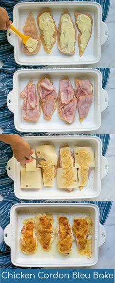 chicken cordon bleu bake is shown in three separate trays