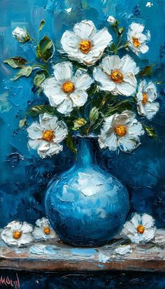 a painting of white flowers in a blue vase