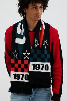 Athletic soccer look patterned scarf. Winter-ready acrylic knit scarf with a fringe trim. Features Soccer graphic knit scarf Athletic look scarf Fringe trim Content + Care 100% Acrylic Spot clean Imported | Soccer Graphic Knit Scarf in Black, Men's at Urban Outfitters Patterned Scarf, Athletic Looks, Patterned Scarves, Fringe Trim, Black Fits, Knit Scarf, Urban Outfitters, Fashion Inspo, Sign Up