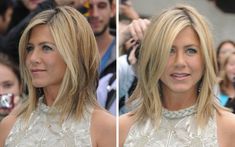 an image of a woman's face before and after her haircut with people in the background