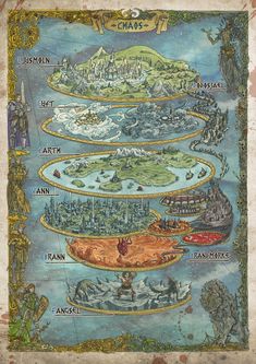 an old map with many different places in it