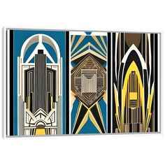 an art deco print with abstract shapes and lines in blue, black, yellow and white