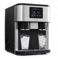 an espresso machine with ice and water in front of it on a white background