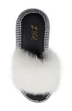 A faux-fur strap and sparkling crystals along the platform sole play up the timeless glamour of this standout slide sandal. 2 1/2" platform Platform sole Synthetic faux-fur upper/textile lining/rubber sole Imported Timeless Glamour, The Platform, Sparkling Crystal, Sandal Women, Slide Sandals, Platform Sandals, Nordstrom Rack, Rubber Sole, Womens Sandals