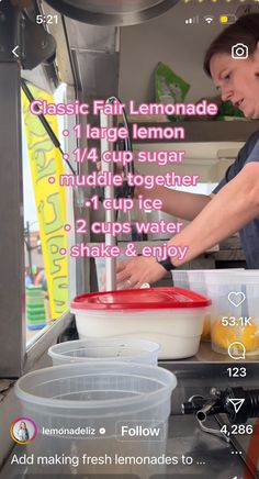 a woman is making lemonade at a stand with instructions on how to use it