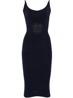 midnight blue ribbed knit V-neck spaghetti straps fitted waistline unlined straight hem mid-length Knitted Midi Dress, Midi Dress Blue, Scoop Neck Dress, Wardrobe Edit, Ribbed Knit Dress, V Neck Midi Dress, Ribbed Dresses, Knit Midi, Knit Midi Dress