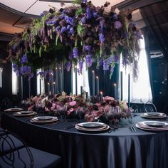 hydrangea black tablecloth, purple flowers, presidium wedding purple wedding black and purple Wisteria And Black Wedding, Maleficent Themed Wedding, Violet And Black Wedding, Black Purple Wedding Decor, Lilac And Dark Blue Wedding, Black Gold Purple Green Wedding, Black Gold And Lavender Wedding, Black Lavender Wedding, Dark Purple And Navy Blue Wedding