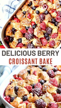 berry croissant bake in a pan with the title above it and below