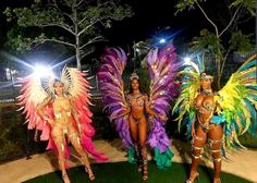 three women dressed in colorful costumes standing next to each other on a lush green field