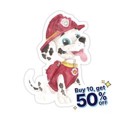 a watercolor drawing of a dog wearing a fireman's hat and red pants