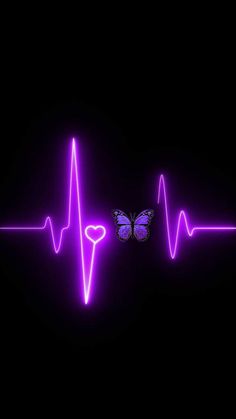 two purple hearts and a butterfly on a black background