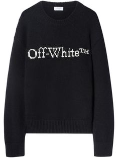 black wool knitted construction intarsia-knit logo crew neck drop shoulder long sleeves straight hem ribbed cuffs and hem Off White Brand Sweater, Designer Sweaters Women, Wool Jumper, White Knitwear, Off-white Logo, Latest Fashion Design, Sweater Brands, Oversize Knit, Twill Shirt