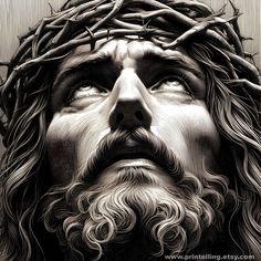 a black and white drawing of jesus with crown of thorns on his head, looking up at the sky