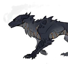 a drawing of a black dragon with orange eyes and sharp fangs on it's back legs