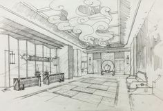 a drawing of a living room with couches and tables