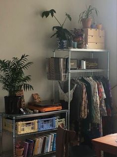 a shelf with books, plants and other items on it