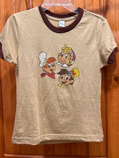 "Vintage Kellogg Snap Crackle & Pop T-Shirt-Tan/Brown-Youth Large-Gently Worn Measurements: Arm pit to arm pit: 18\" Top of neckline to bottom of shirt: 20\" Top of shoulder to end of sleeve: 10\"" Retro Beige Crew Neck Top, Retro Beige Crew Neck T-shirt, Beige Retro Crew Neck T-shirt, Vintage Brown Crew Neck Top, Brown Crew Neck Top, Retro Brown Crew Neck T-shirt, Vintage Beige Crew Neck Top, Brown Vintage Tops With Graphic Print, Snap Crackle Pop