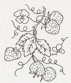 a black and white drawing of strawberries on a branch