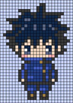 a pixellated image of a person wearing a hat and blue shirt with black hair