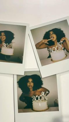 three polaroid photos of a woman holding a cake