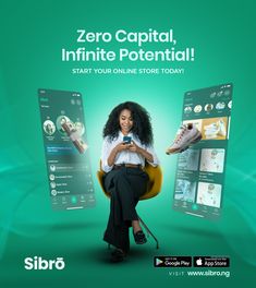 a woman sitting in a chair looking at her cell phone with the caption zero capital infinite potential start your online store today