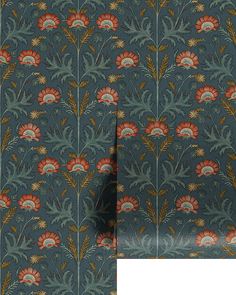 a blue wallpaper with orange and green flowers on the left, and an orange flower pattern on the right