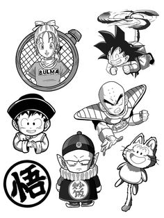 the dragon ball characters are drawn in black and white, with chinese characters on them