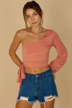 Rose One Shoulder Long Sleeve Top Cheap Trendy One Shoulder Top For Spring, Trendy One-shoulder Pink Top, Trendy Pink One-shoulder Top, Pink One-shoulder Feminine Top, Feminine Pink One-shoulder Top, Tie Top Outfit, One Shoulder Long Sleeve Top, Shoulder Tie Top, Cut Out Leggings