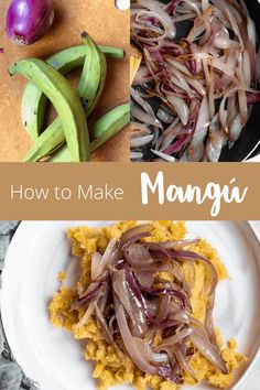 an image of how to make mango rice with onions on the plate and in the skillet