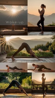 a woman doing yoga poses in front of mountains and the sun with words wake - up above her