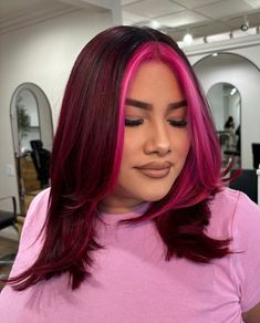 #pinkhair #pravana #iehairstylist #murrietahairstylist #solasalon #layers #Honglayers #curtainbangs Fun Pink Hair, Barbie Luxury, Fuschia Hair, Pink Obsessed, Magenta Hair Colors, Dark Pink Hair, Pink Hair Ideas, Cherry Hair Colors