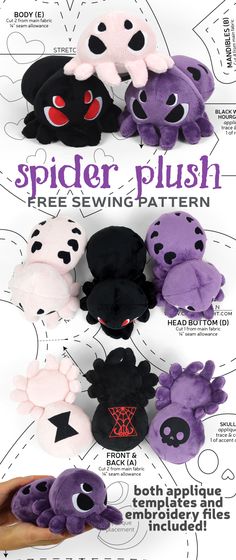 several different types of stuffed animals are shown in this graphic style, with the text spider plush free sewing pattern