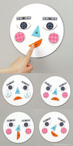 a person pointing at some paper plates with different designs on them and an image of a face that has been cut out