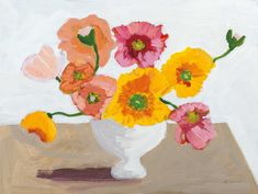 an oil painting of colorful flowers in a white vase on a wooden table with neutral background