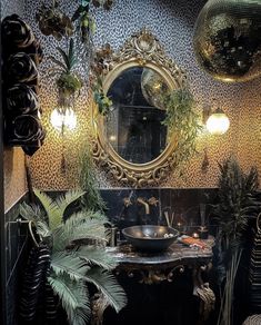 a bathroom with a sink, mirror and plants