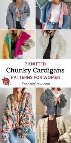 the knitted chunk cardigans patterns for women are shown in different colors and sizes