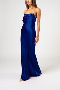 Bias gown with cowl and ruffles in pure silk satin. Features delicate spaghetti straps. Fully lined in silk. Imported. Composition: 100% silk Night Gown Dress, Prom Dress Inspo, Blue Silk Dress, Silk Dress Long, Prom Dress Inspiration, Blue Bridesmaid Dresses, Grad Dresses, Silk Gown, Event Dresses