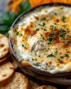 a bowl of dip with crackers and flowers in the background