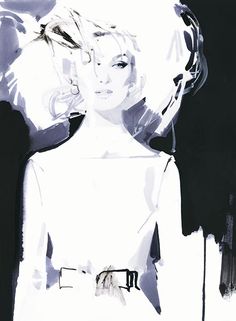 a black and white drawing of a woman with blonde hair wearing a dress, standing in front of a dark background